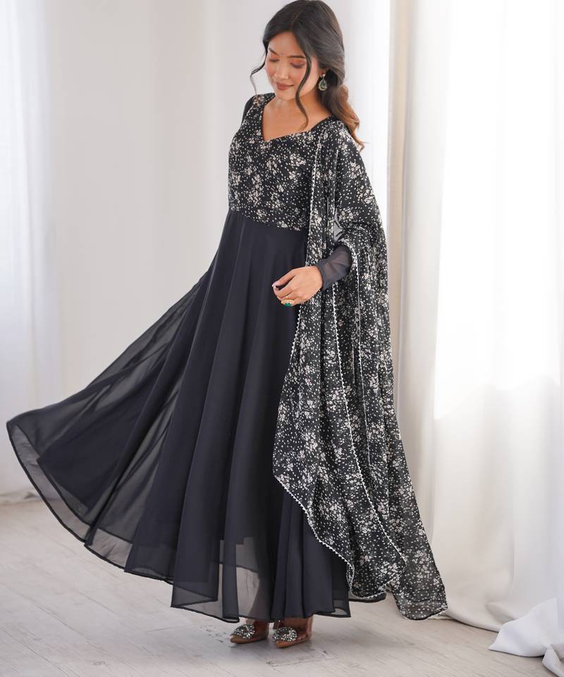Black printed georgette anarkali kurti