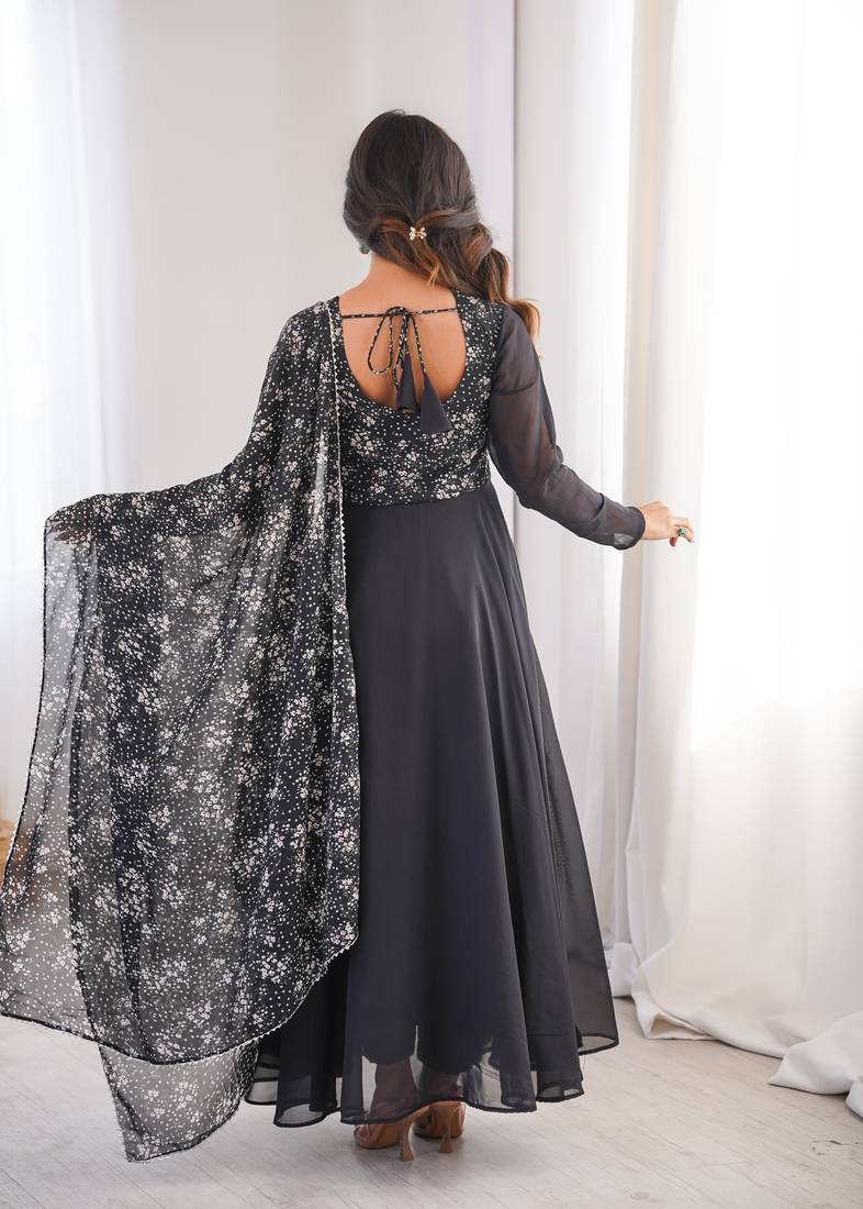 Black printed georgette anarkali kurti
