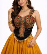 Yellow Rayon Navratri Lehenga Choli | Garba & Dandiya Outfit with Black Embroidery Sleeveless Sweetheart Neckline