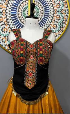 Yellow Rayon Navratri Lehenga Choli | Garba & Dandiya Outfit with Black Embroidery Sleeveless Sweetheart Neckline 3