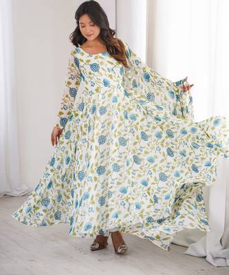 White printed georgette anarkali kurti 1