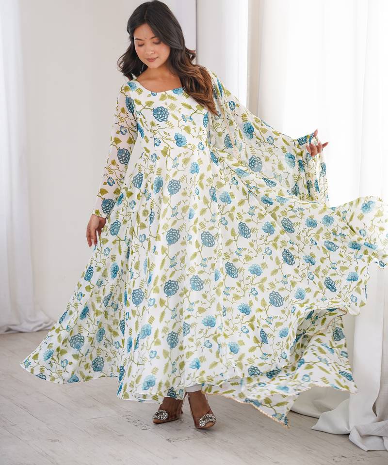 White printed georgette anarkali kurti