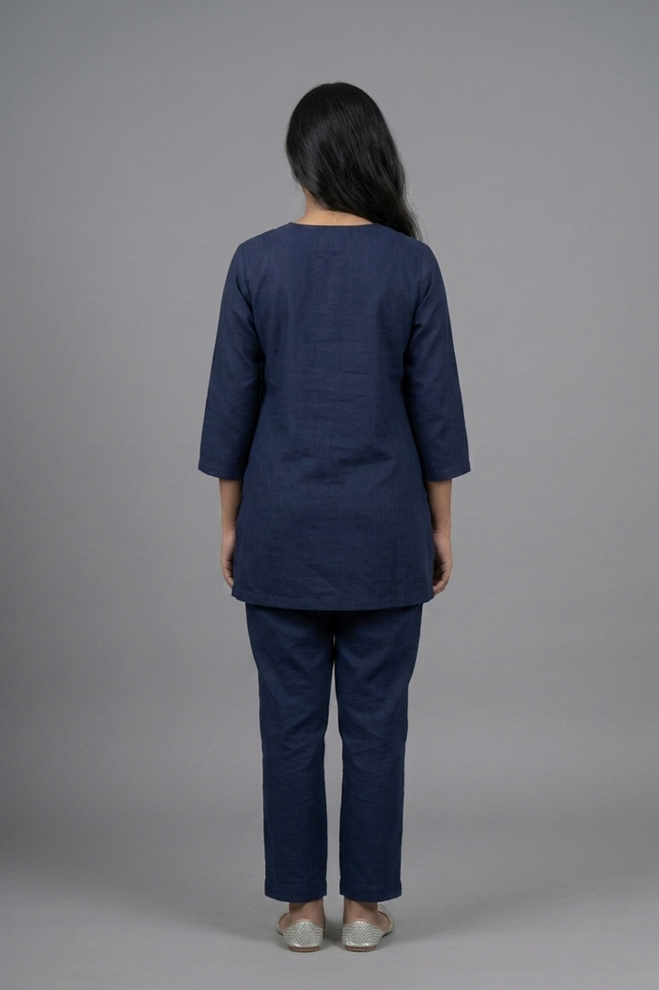Blue floral embroidered short kurti co-ord set