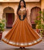 Orange Rayon Navratri Lehenga Choli | Garba & Dandiya Outfit with Orange Embroidery Sleeveless Sweetheart Neckline