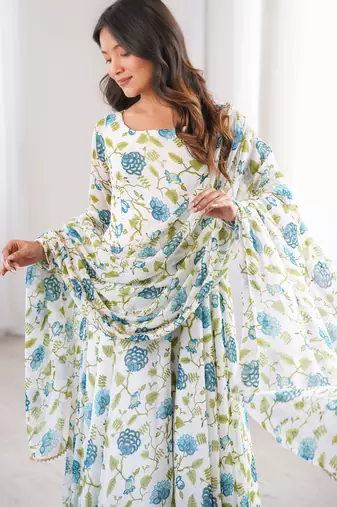 White printed georgette anarkali kurti