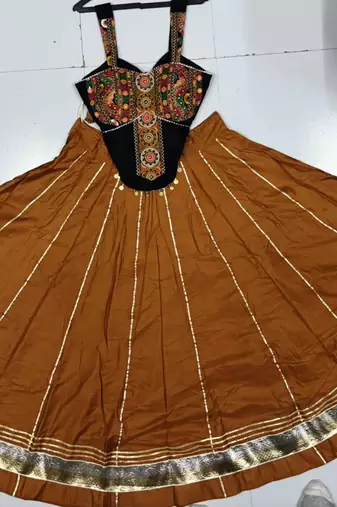 Orange Rayon Navratri Lehenga Choli | Garba & Dandiya Outfit with Orange Embroidery Sleeveless Sweetheart Neckline