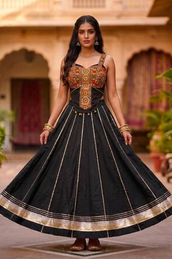 Black Rayon Navratri Lehenga Choli | Garba & Dandiya Outfit with Black Embroidery Sleeveless Sweetheart Neckline