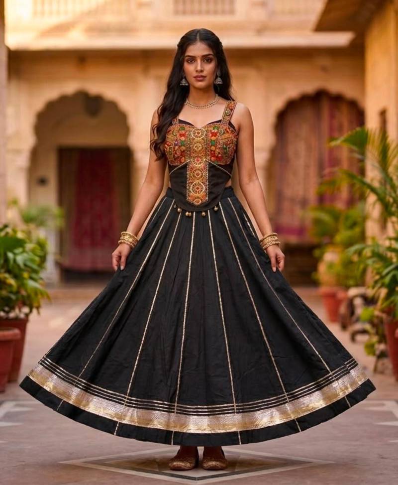 Black Rayon Navratri Lehenga Choli | Garba & Dandiya Outfit with Black Embroidery Sleeveless Sweetheart Neckline