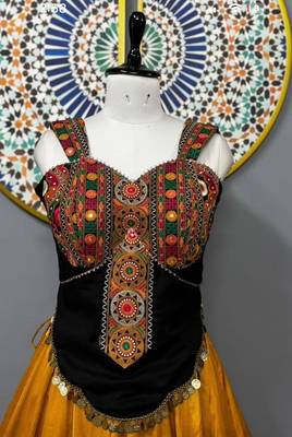Black Rayon Navratri Lehenga Choli | Garba & Dandiya Outfit with Black Embroidery Sleeveless Sweetheart Neckline 2