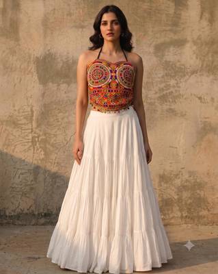 White Rayon Navratri Lehenga Choli | Garba & Dandiya Outfit with Multicolor Embroidery Sleeveless Square Neckline 1