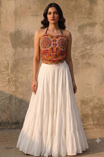 White Rayon Navratri Lehenga Choli | Garba & Dandiya Outfit with Multicolor Embroidery Sleeveless Square Neckline