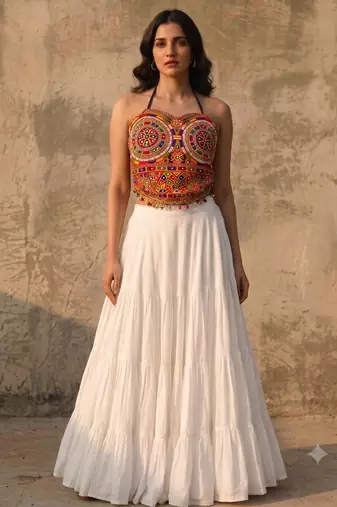 White Rayon Navratri Lehenga Choli | Garba & Dandiya Outfit with Multicolor Embroidery Sleeveless Square Neckline