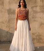 White Rayon Navratri Lehenga Choli | Garba & Dandiya Outfit with Multicolor Embroidery Sleeveless Square Neckline