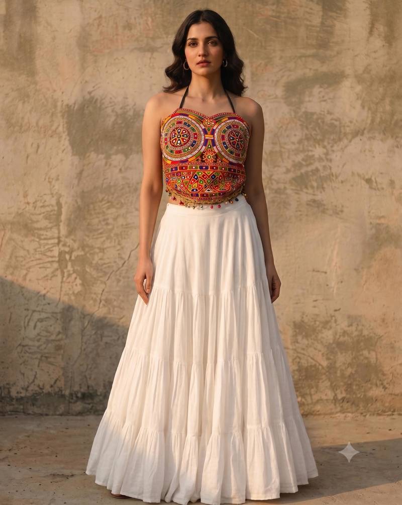 White Rayon Navratri Lehenga Choli | Garba & Dandiya Outfit with Multicolor Embroidery Sleeveless Square Neckline