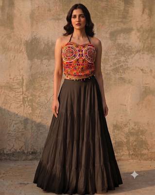 Black Rayon Navratri Lehenga Choli | Garba & Dandiya Outfit with Multicolor Embroidery Sleeveless Square Neckline 1