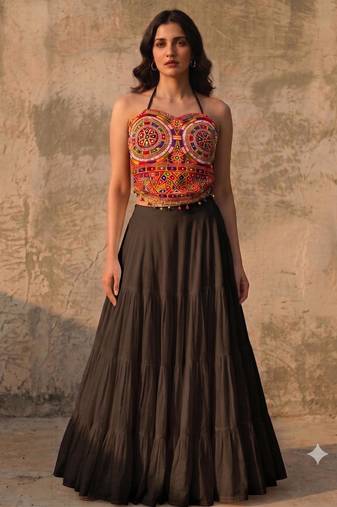 Black Rayon Navratri Lehenga Choli | Garba & Dandiya Outfit with Multicolor Embroidery Sleeveless Square Neckline