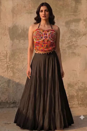 Black Rayon Navratri Lehenga Choli | Garba & Dandiya Outfit with Multicolor Embroidery Sleeveless Square Neckline