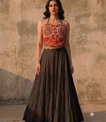 Black Rayon Navratri Lehenga Choli | Garba & Dandiya Outfit with Multicolor Embroidery Sleeveless Square Neckline