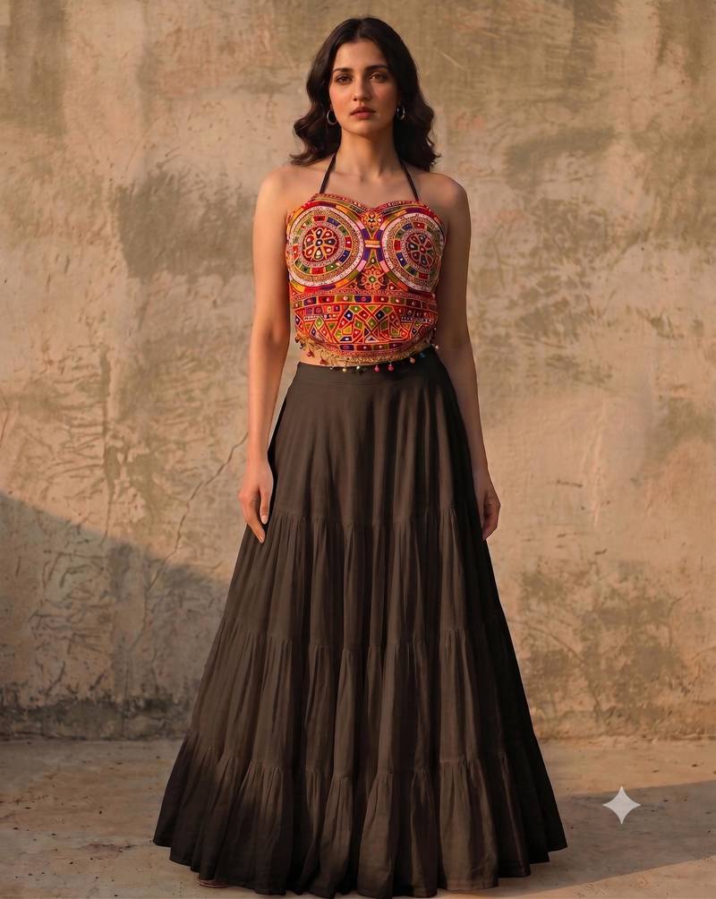 Black Rayon Navratri Lehenga Choli | Garba & Dandiya Outfit with Multicolor Embroidery Sleeveless Square Neckline