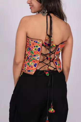 Black Rayon Navratri Lehenga Choli | Garba & Dandiya Outfit with Multicolor Embroidery Sleeveless Square Neckline