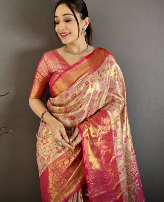 beige kanjeevaram silk blend zari woven saree with unstitched blouse piece. 1