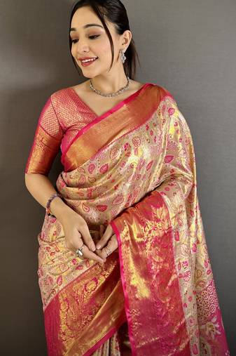 beige kanjeevaram silk blend zari woven saree with unstitched blouse piece.