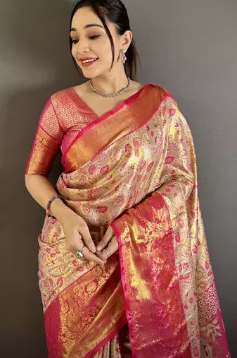 beige kanjeevaram silk blend zari woven saree with unstitched blouse piece.