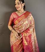 beige kanjeevaram silk blend zari woven saree with unstitched blouse piece.