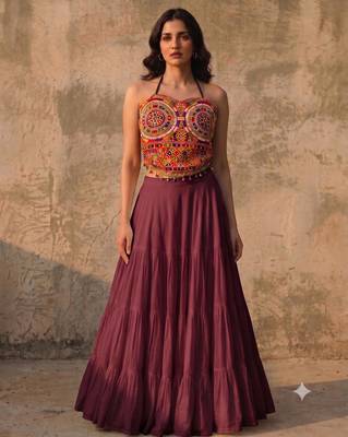 Wine Rayon Navratri Lehenga Choli | Garba & Dandiya Outfit with Multicolor Embroidery Sleeveless Square Neckline 1