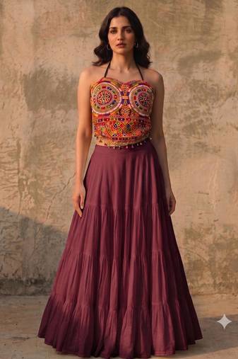 Wine Rayon Navratri Lehenga Choli | Garba & Dandiya Outfit with Multicolor Embroidery Sleeveless Square Neckline
