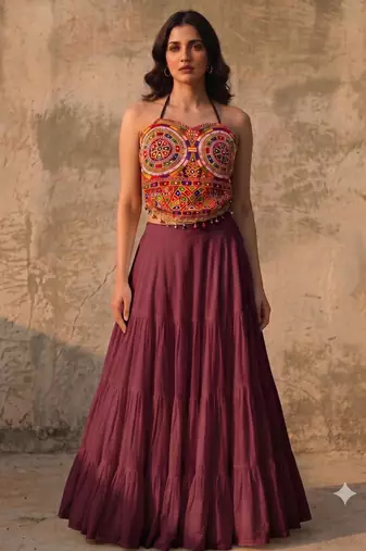 Wine Rayon Navratri Lehenga Choli | Garba & Dandiya Outfit with Multicolor Embroidery Sleeveless Square Neckline