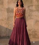 Wine Rayon Navratri Lehenga Choli | Garba & Dandiya Outfit with Multicolor Embroidery Sleeveless Square Neckline