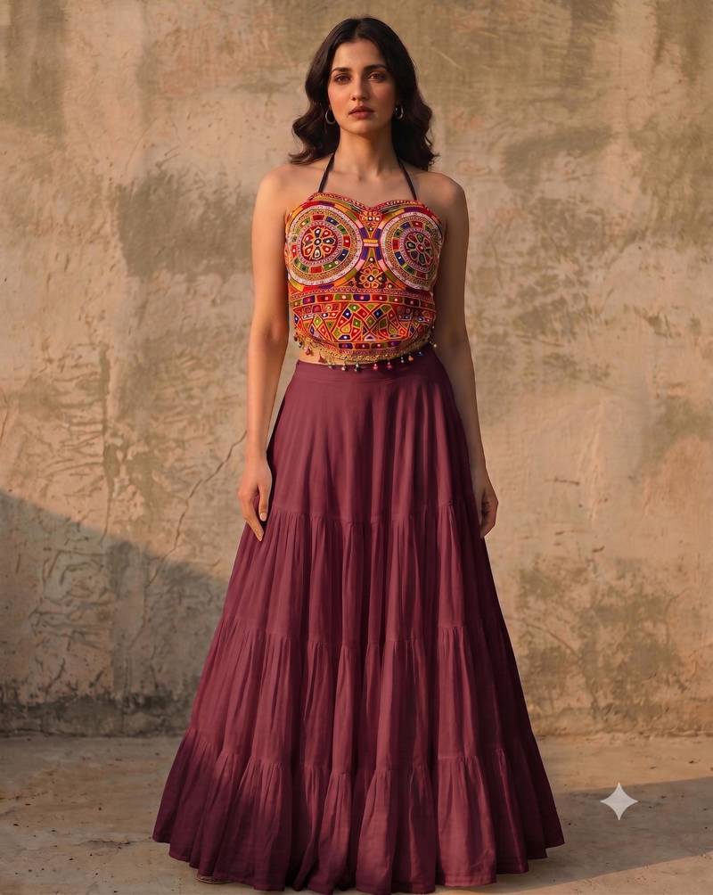 Wine Rayon Navratri Lehenga Choli | Garba & Dandiya Outfit with Multicolor Embroidery Sleeveless Square Neckline