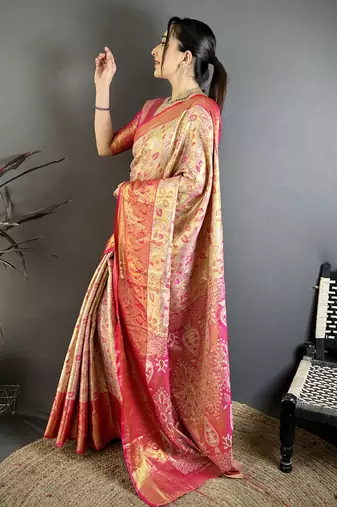 beige kanjeevaram silk blend zari woven saree with unstitched blouse piece.
