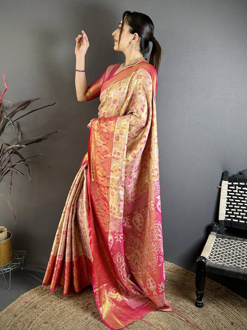 beige kanjeevaram silk blend zari woven saree with unstitched blouse piece.
