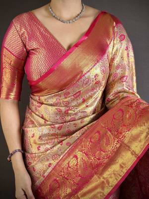 beige kanjeevaram silk blend zari woven saree with unstitched blouse piece. 4