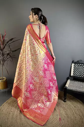 beige kanjeevaram silk blend zari woven saree with unstitched blouse piece.