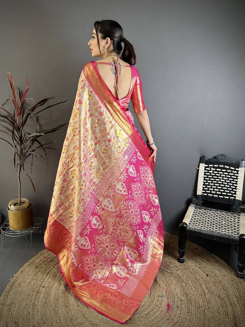beige kanjeevaram silk blend zari woven saree with unstitched blouse piece.