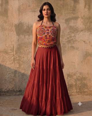 Maroon Rayon Navratri Lehenga Choli | Garba & Dandiya Outfit with Multicolor Embroidery Sleeveless Square Neckline 1