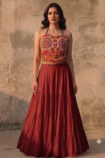 Maroon Rayon Navratri Lehenga Choli | Garba & Dandiya Outfit with Multicolor Embroidery Sleeveless Square Neckline