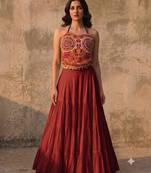 Maroon Rayon Navratri Lehenga Choli | Garba & Dandiya Outfit with Multicolor Embroidery Sleeveless Square Neckline