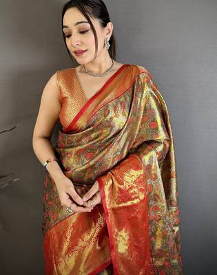 brown kanjeevaram silk blend zari woven saree with unstitched blouse piece. 1