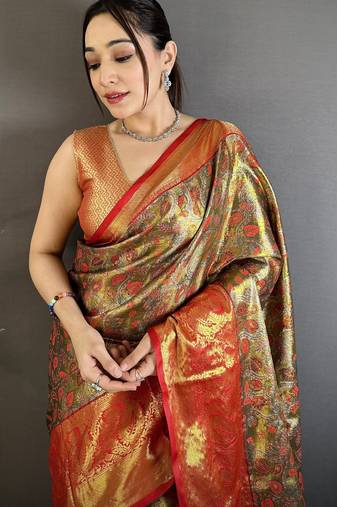 brown kanjeevaram silk blend zari woven saree with unstitched blouse piece.