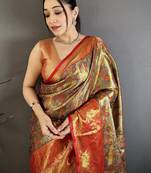 brown kanjeevaram silk blend zari woven saree with unstitched blouse piece.