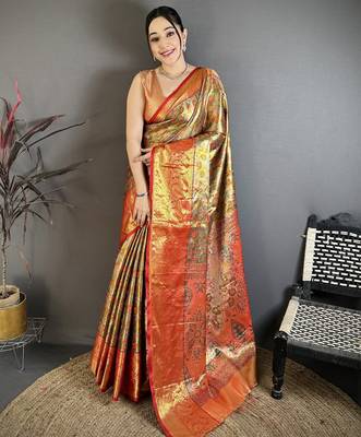 brown kanjeevaram silk blend zari woven saree with unstitched blouse piece. 2