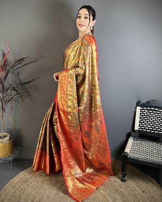 brown kanjeevaram silk blend zari woven saree with unstitched blouse piece. 3