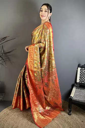 brown kanjeevaram silk blend zari woven saree with unstitched blouse piece.