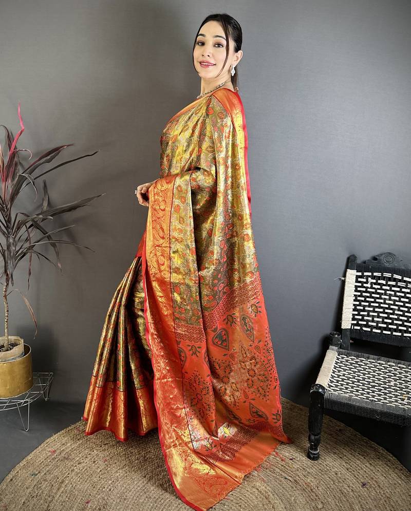 brown kanjeevaram silk blend zari woven saree with unstitched blouse piece.