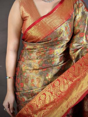 brown kanjeevaram silk blend zari woven saree with unstitched blouse piece. 4