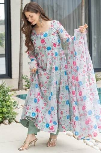 White printed georgette anarkali kurti